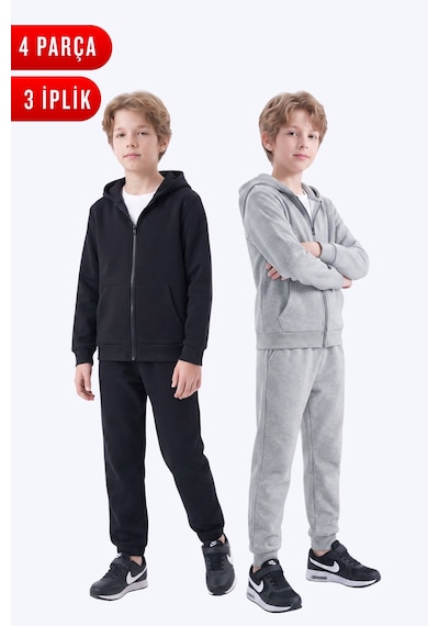 Fyk Kids 3 İplik Düz Erkek Çocuk Fermuarlı Kapüşonlu 2'li Eşofman Takımı 4 Parça Siyah-gri