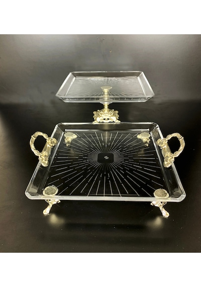 Elta Collection 2 Li Paşabahçe Kristal Gümüş Metal Ayaklı Yaldızlı Kare Pasta Sunumluk Kurabiyelik Gümüş