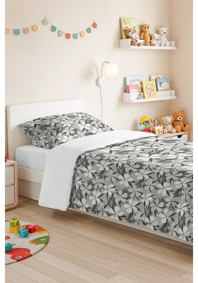 Çiçekli Gri Modern Tek Kişilik Pike Takımı - Botanik Beyaz Antrasit 160x220 Cm Kapitone Yatak Örtüsü Naif Gölge Kıyımı