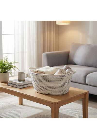 Koçtaş Pamuklu Örgü Sepet Beyaz Mavi 41 x 29 x 20 Cm Çok Renkli