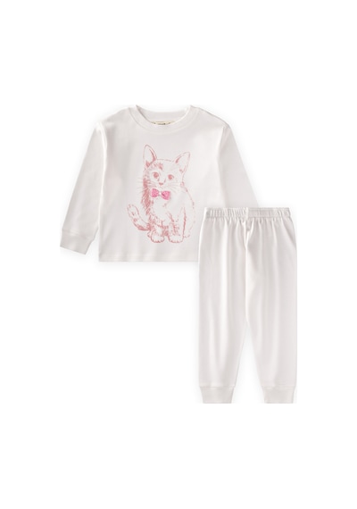 Cigit Kedi Baskılı Pijama Takım 2-8 Yaş Ekru Ekru