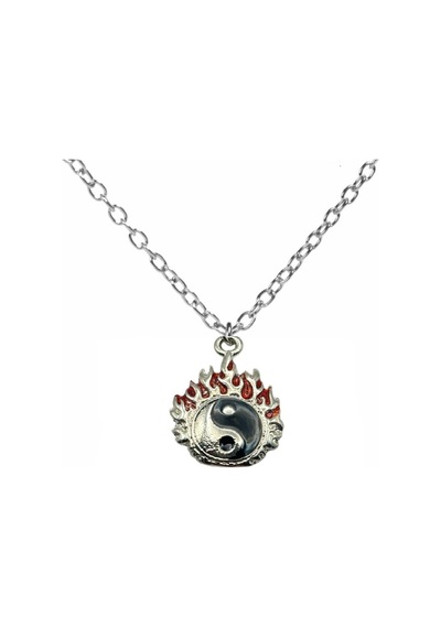 Kırmızı Alevli Ying Yang Sembolü Unisex Kolye 60 Cm Zincirli, Zamak Metal Aşk Ve Denge Temalı Takı Çok renkli