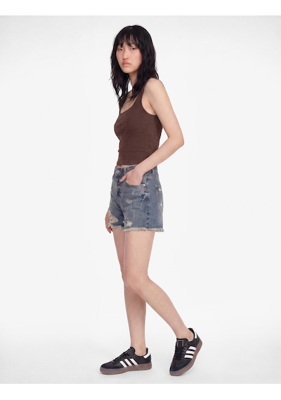 Koton Yıpratma Detaylı Pamuklu Rahat Kalıp Mini Denim Şort Orta İndigo 6sal40031md