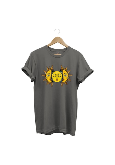 Güneş Baskılı %100 Pamuk Regular Fit Unisex T-shirt Gri