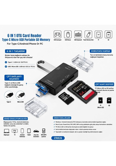 6 İn 1 Otg Kart Okuyucu Type-c Micro Usb Usb-a Destekli Sd Ve Micro Sd Kartlar Android Telefon Ve Pc İçin Çok Fonksiyo