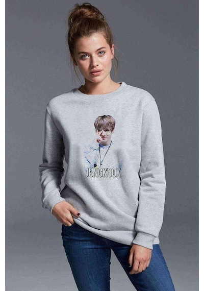 K Pop Jungkook Koreli Muzik Grubu Baskılı Gri Kadın Sweatshirt