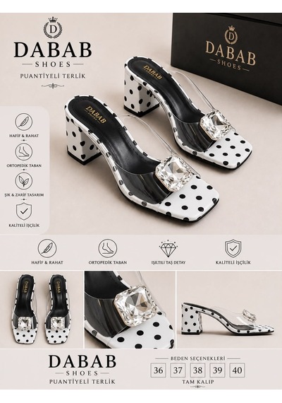 Dabab Shoes Rodın Kadın Şeffaf Bantlı Taş Tokalı Puantiye Desenli Kare Burunlu Beyaz 7 Cm Kalın Topuklu Terlik