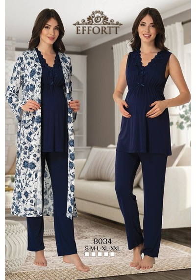 Effortt Effort Kadın Lacivert Lohusa Hamile Sabahlıklı Pijama Takımı 8034 Lacivert