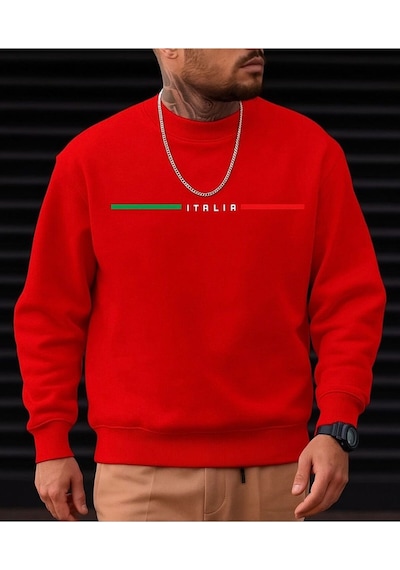 Benroma 3 İplik Penye Italıa Baskılı Unisex Sweatshırt Kırmızı
