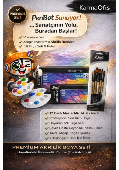 Premium Akrilik Boya Seti 12 Li Mastermix + 5 Li Fırça + Palet Profesyonel Resim Başlangıç Seti Çok Renkli Premium Akrilik Boya Seti 12 Li Mastermix + 5 Li Fırça + Palet Profesyonel Resim Başlangıç Seti Çok Renkli