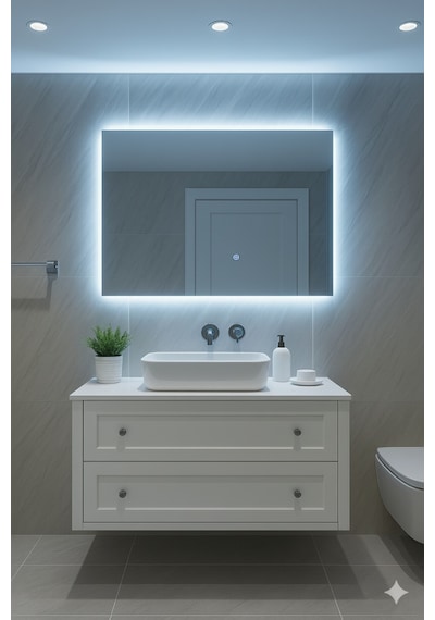 Digital Hayat Mavi Led Işıklı Dikdörtgen Ayna Dekoratif Banyo Makyaj Aynası Yatay Ve Dikey Kullanım Mavi