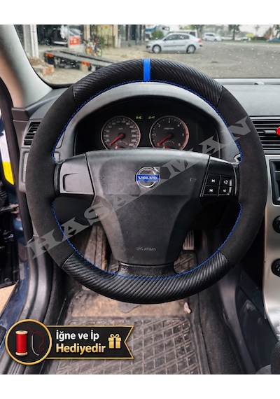 Volvo V50 Dikme Direksiyon Kılıfı Alcantara Süet Mat Karbon Mavi Yüzük Ve Dikiş 2004-2012