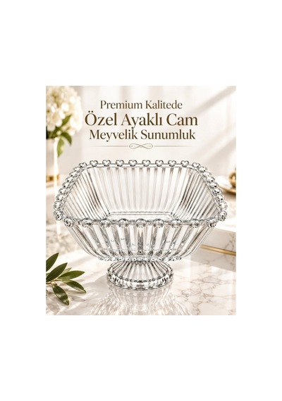 Premium Kalp Detaylı Ayaklı Cam Meyvelik 19,5 Cm Dekoratif Sunumluk Salata Kuruyemiş Çerez Servis Kasesi