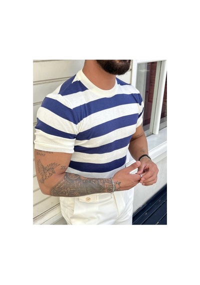 Cool Tarz Erkek Beyaz-saks Çizgili Normal Kalıp Triko T-shirt Beyaz-saks Beyaz-saks