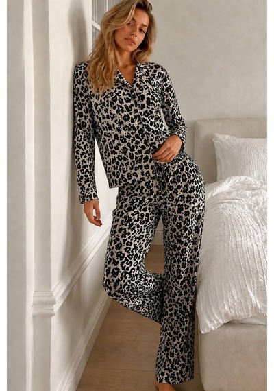 Fit Women Kadın Desenli Düğmeli Uzun Kollu Leopar Pijama Takımı