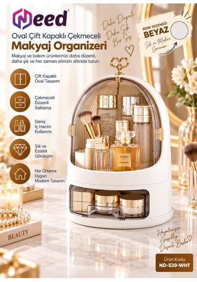 Need Oval Çift Kapaklı Çekmeceli Makyaj Ve Kozmetik Organizeri Beyaz Nd-539-wht
