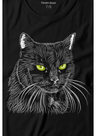 Kendim Seçtim Siyah Kedi Yeşil Gözlü Black Cat Çizim Baskılı Tişört Çocuk T-shirt 001