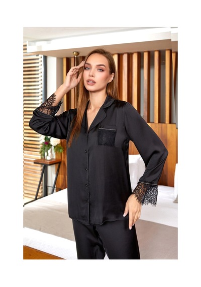 Moda Dua Kadın Aqua 25168 Saten Dantelli Gömlek Pijama Takımı Siyah