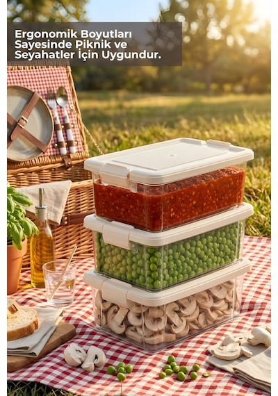 3'lü Set 1,5lt. Decobox Çok Amaçlı Saklama Kabı - Piknik Taşıma Seti - 1,5lt. Krem