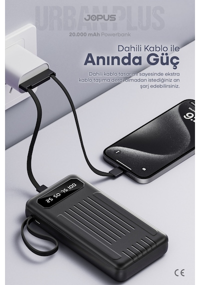 Jopus 20000mah Powerbank Dahili Kablolu, Lcd Ekranlı, Led Lambalı, Taşınabilir Şarj Cihazı Siyah