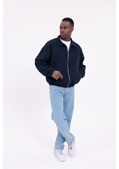 Freemen Erkek Basic Gabardin Kumaş Fermuarlı Oversize Mevsimlik Polo Yaka Ceket Lacivert