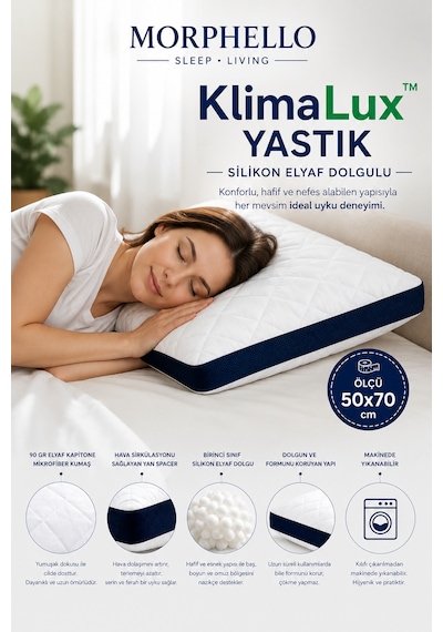 Morphello Klimalux Birinci Sınıf Klimalı Yastık 50x70 Cm 800 Gr Silikon Elyaf Dolgulu Nefes Alan Yan Spacer Makinede Yıkanabilir 2 Adet Beyaz-lacivert Spacer