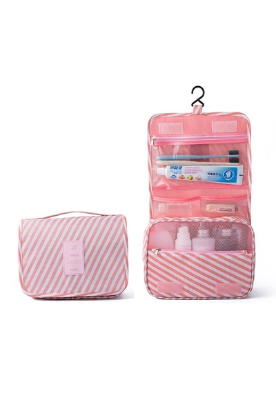 Çok Fonksiyonlu Askılı Makyaj Çantası Pembe Line Desen Büyük Boy