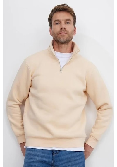 Tudors Unisex 3'lü Paket Kahverengi-yeşil-ekru Relax Fit Pamuklu Yarım Fermuarlı Dik Yaka Sweatshirt-42007 Multi