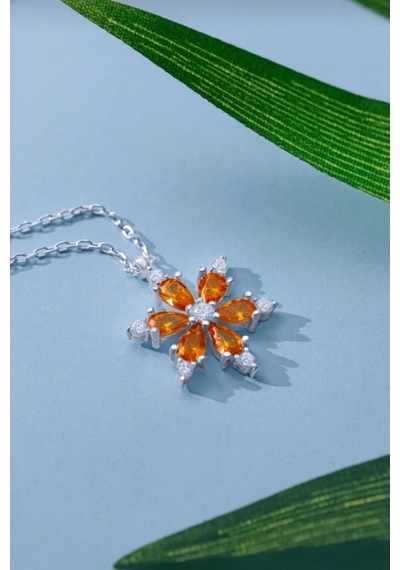 Çekirdekjewelry 925 Ayar Gümüş Turuncu Taşlı Çiçek Kolye Gri