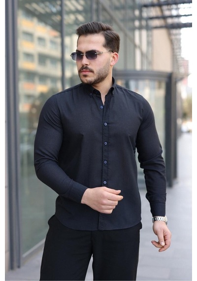 Baselco Premum Dik Yakalı Slim Fit Keten Görünümlü Gömlek Lacivert