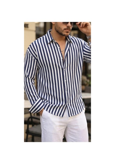Butik İstanbul Erkek Dikey Çizgili Yarım Oversize Gömlek Lacivert