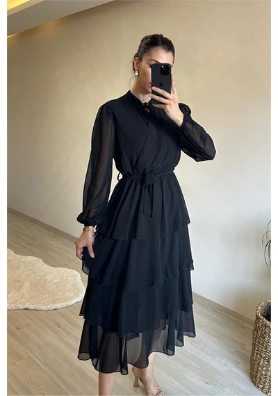 Neşeli Butik Kadın Kat Kat Volanlı Kuşaklı Midi Şifon Elbise Nm004 Siyah