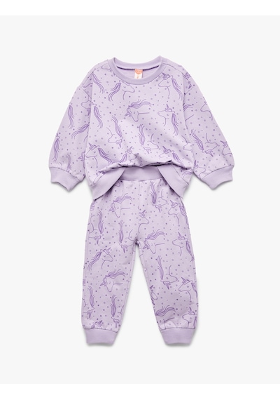 Koton Unicorn Baskılı Pamuklu Şardonlu Eşofman Takımı Lila Desenli 6wmg10122ak Lila Desenli