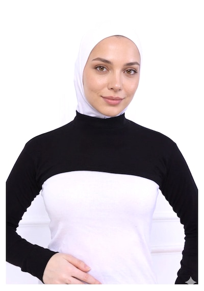 Alivascarf Balıkçı Yaka Boyunluklu Kolluk Siyah - Likralı Dik Yakalı Kadın Body Tesettür Crop Bolero