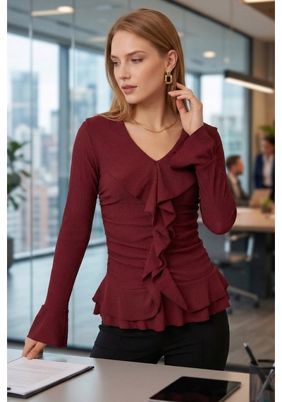 Armonika Kadın Bordo Yakası Fırfırlı Kolları Volanlı Büzgülü Bluz Arm-26k001079