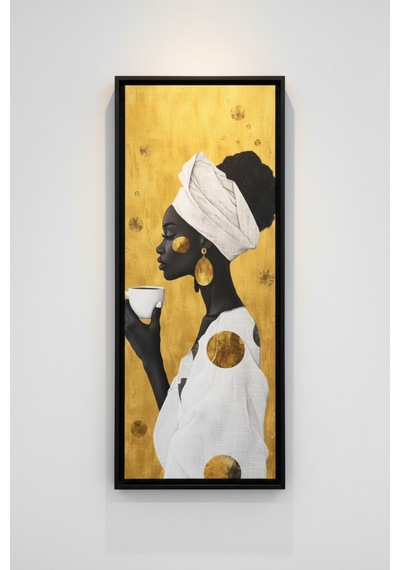 Afrikalı Kadın Kahve Temalı Dekoratif Duvar Tablosu 25x60 Cm Siyah Çerçeveli Modern Dikey Tablo