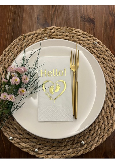 Gold Yaldızlı Beyaz Hello Baby Ayaklı Peçete