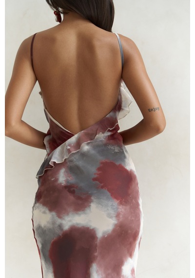 Mai Collection Mai Studios Co. Purtyas Fırfır Detaylı Bordo Uzun Elbise Bordo