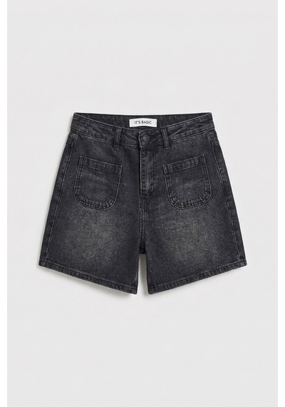 Itsbasic Kadın Koyu Füme 2s6-1 Mom Fit Önden Cepli Denim Şort