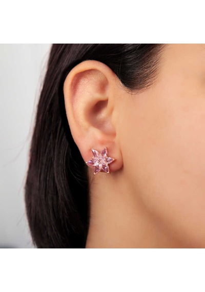 Gümüş Rose Pembe Lotus Çiçeği Çivili Kadın Küpe Gümüş