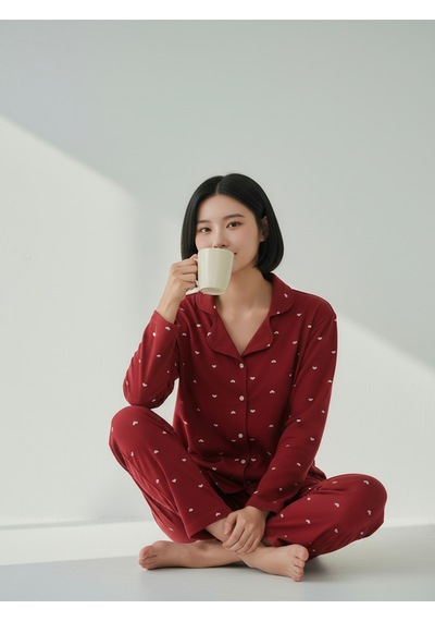 Süet Gömlek Pijama Takımı 7004 Puantiyeli Kırmızı