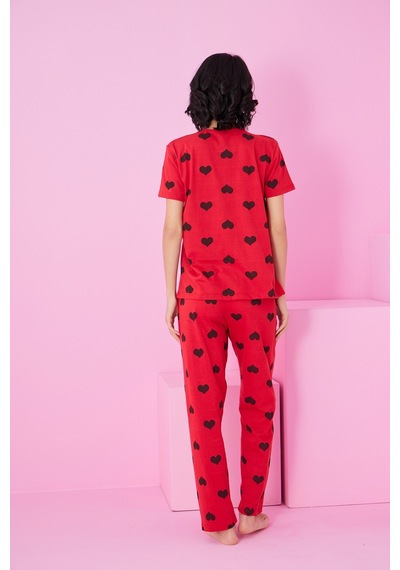Siyah İnci Bisiklet Yaka Örme Pijama Takım Kırmızı Siyah Kalp