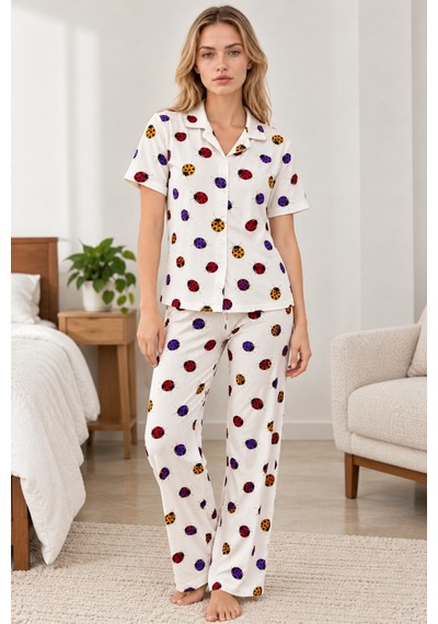 Kadın Desenli Beyaz Kısa Kollu Pijama Takımı 4828