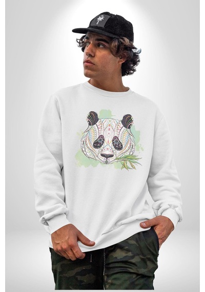 Panda Mandala Unisex Beyaz Baskılı Sweatshirt Beyaz