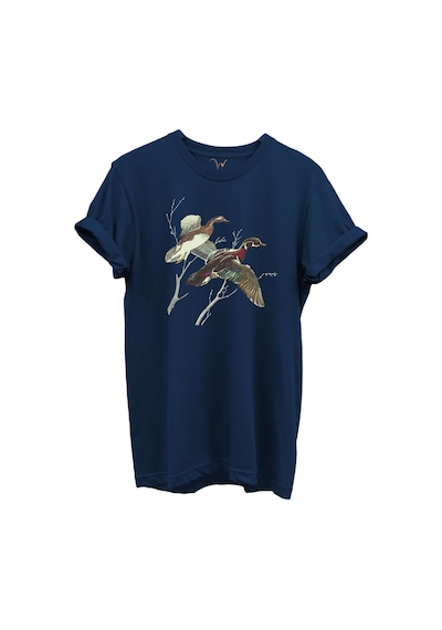 Uçan Yaban Ördekleri Çizim Baskılı %100 Pamuk Regular Fit Bisiklet Yaka Unisex T-shirt Lacivert