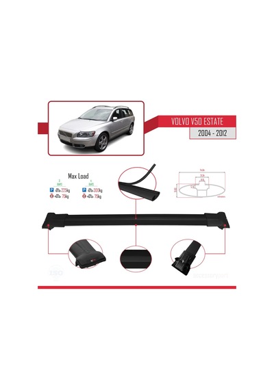 Volvo V50 2004-2012 Arası İle Uyumlu Fly Model Ara Atkı Tavan Barı Siyah 3 Adet Bar
