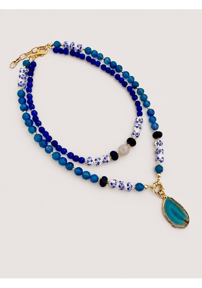 El Yapımı Mavi Kalsedon, Lapis Lazuli & Akik Doğal Taşlı Kolye Seti