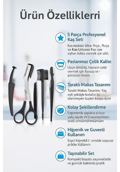 Çelik 5 Parça Taraklı Kaş Makası Ve Kaş Usturası Kaş Şekillendirme Seti Cin654 Çok Renkli