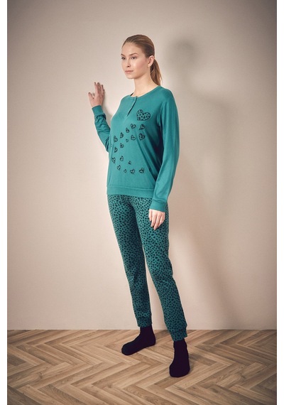 Fullamoda Kalp Nakışlı Bisiklet Yaka 2 Li Pijama Takımı 24mıcg631125720-yeşil Yeşil