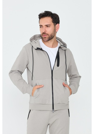 White Stone Bej Kapüşonlu Fermuarlı Erkek Sweatshirt Khaık